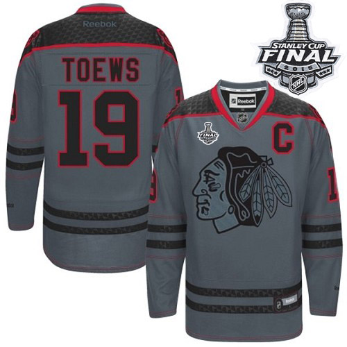 Men's Chicago Blackhawks #19 Jonathan Toews Premier Charcoal Cross Check Fashion Stanley Cup Patch NHL Jersey
