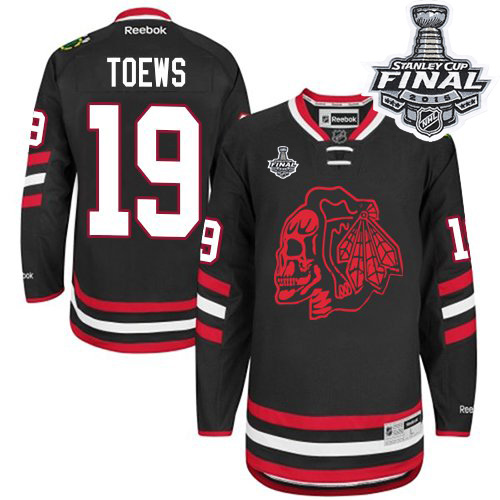 Men's Chicago Blackhawks #19 Jonathan Toews Premier Black Red Skull Stadium Series Stanley Cup Patch NHL Jersey