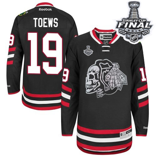Men's Chicago Blackhawks #19 Jonathan Toews Premier Black White Skull Stadium Series Stanley Cup Patch NHL Jersey
