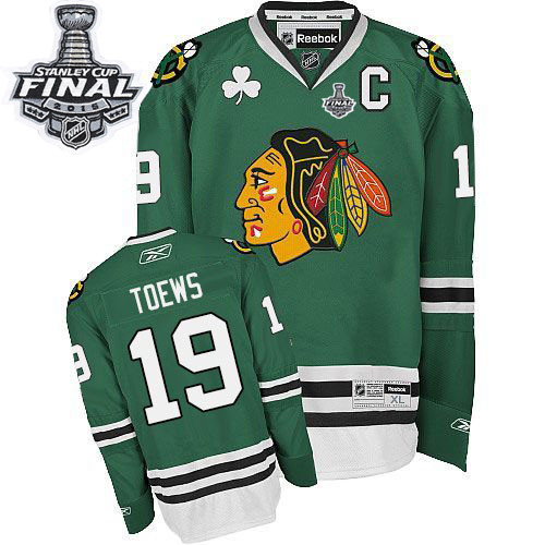 Men's Chicago Blackhawks #19 Jonathan Toews Premier Green Stanley Cup Patch NHL Jersey